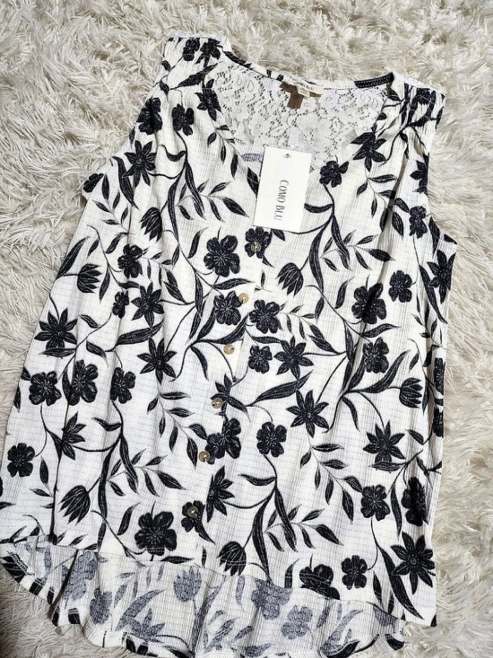 Como Blu Floral Blouse in White & Black NWT
